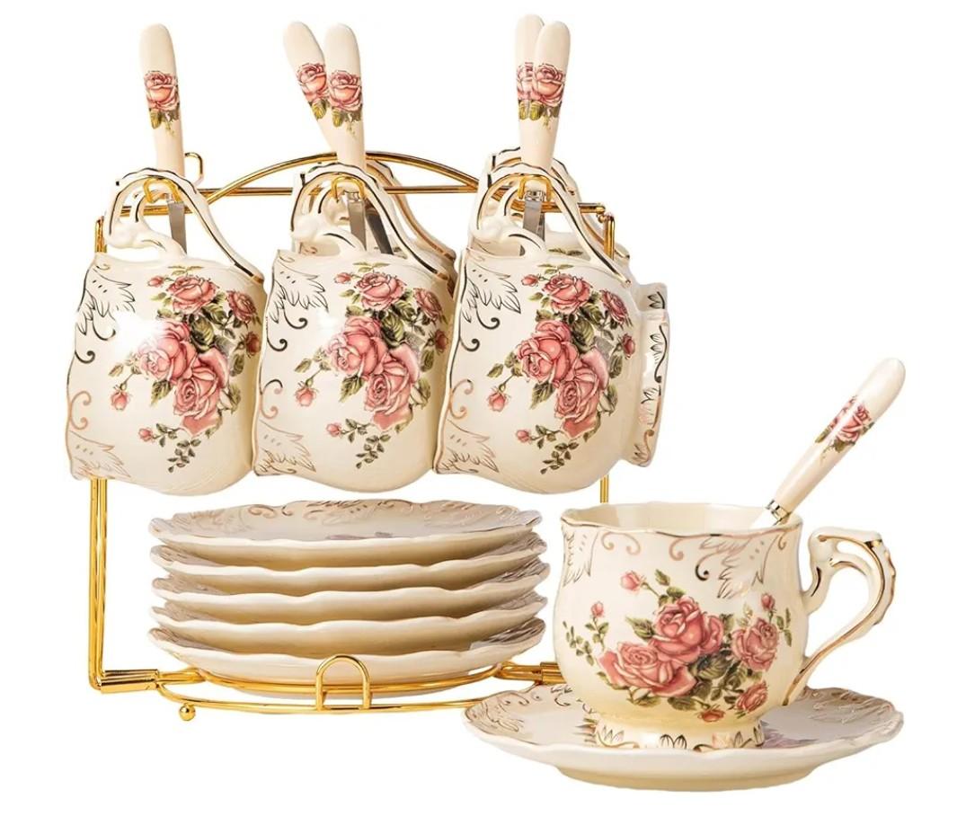 YOLIFE 8 OZ Pink Rose Tea Cups and Saucers Set of 6, Ivory Vintage Floral Porcelain Teacups Set, Coffee Cups with Golden Rack
