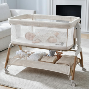 GROWNSY 5-in-1 Baby Bassinet Bedside Sleeper with Gentle Manual Rocking
6 Adjustable Heights, Full Breathable Mesh, Convertible to Portable Crib, Bassinets with Mattress & Wheels, Beige