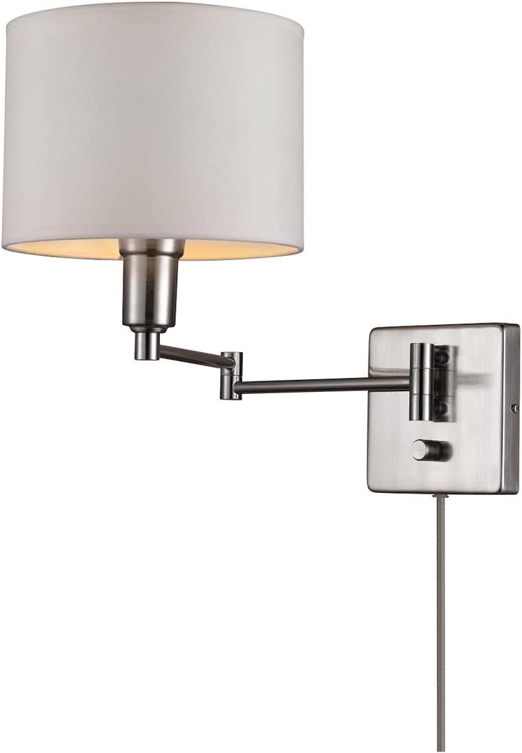 Bernard 1 Light Brushed Steel with White Fabric Shade Plug-in or Hardwired Wall Sconce