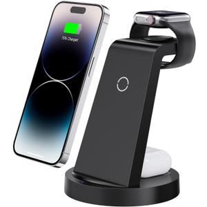 3 in 1 Charging Station for iPhone, Wireless Charger for iPhone 16e 16 15 14 13 12 11 X Pro Max & Apple Watch - Wireless Charging Station for AirPods 4 3 Pro (Black)