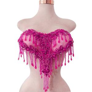 Handmade Crystal on lace Applique Sewing Rhinestones Fringe Beads Sequins Patches Trim Luxury Decoration Accessories for Wedding Dress 17X12.5inches (Rose red)