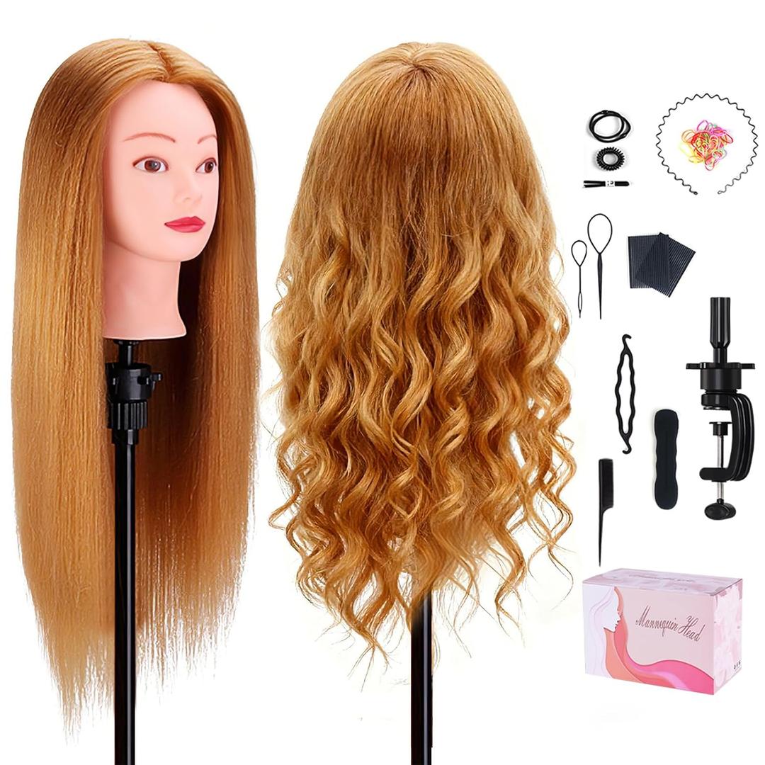 Mannequin Head with 80% Human Hair, TopDirect 24" Blonde Real Hair Cosmetology Mannequin Head Hair Styling Hairdressing Practice Training Doll Heads with Clamp Holder and Tools (Golden)