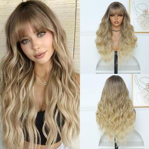 Blonde Wig for Women, Long Ombre Blonde Wavy Wig with Bangs 26 Inch Wigs Natural Looking Heat Resistant Synthetic Wig for Daily Party Use