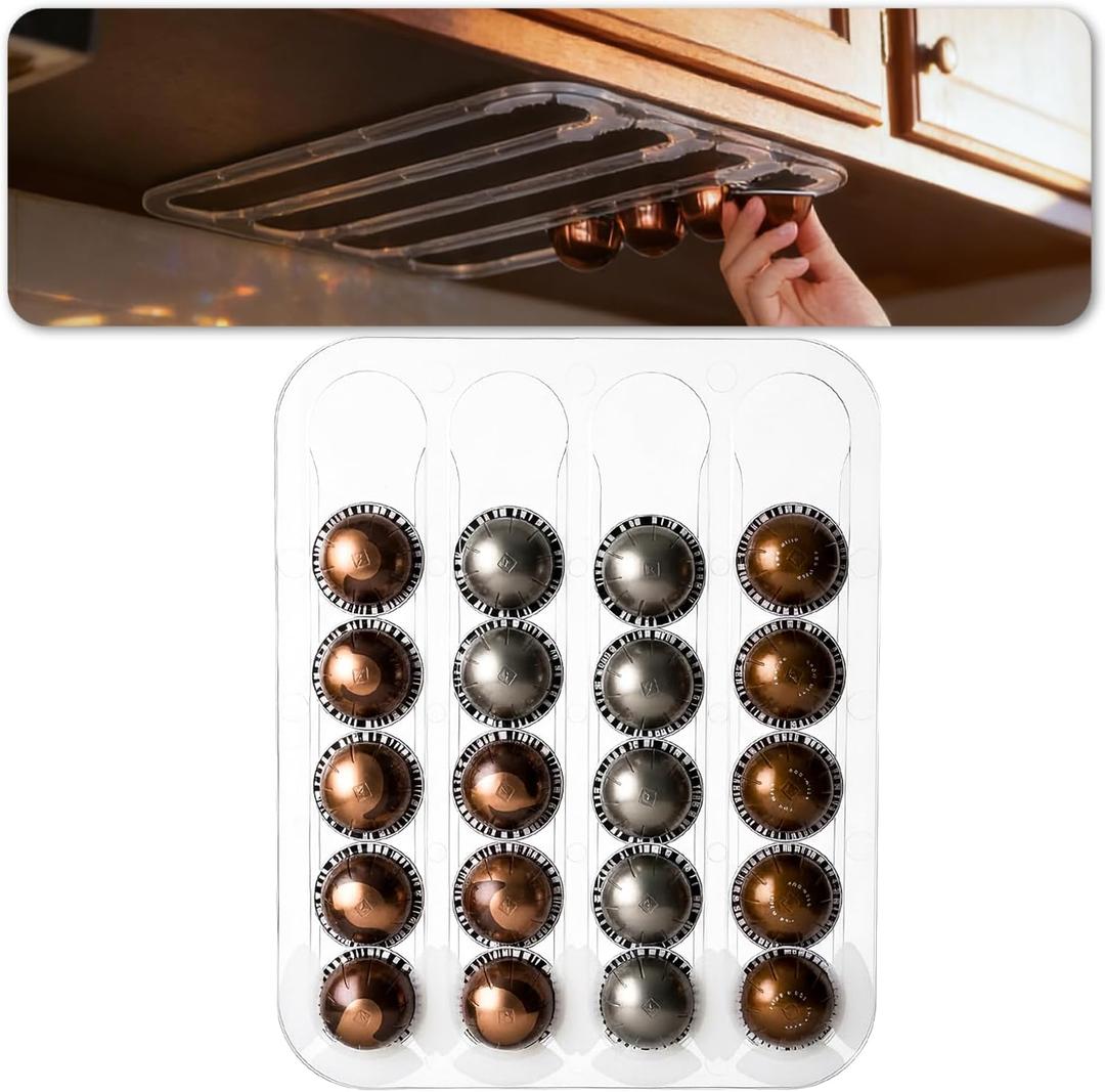 Under Cabinet Coffee Pods Organizer for Nespresso Capsules Vertuo, Side Mount Holds up to 24 Capsules in 4 Rails, Clear Acrylic