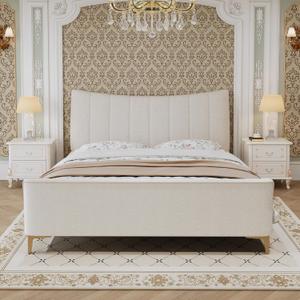 Queen Size Platform Bed Frame with Chenille Fabric Upholstered Curved Ergonomic Headboard, Modern Luxury Sleigh Bed Frame with Footboard, Wooden Slats Support, No Box Spring Needed, Beige