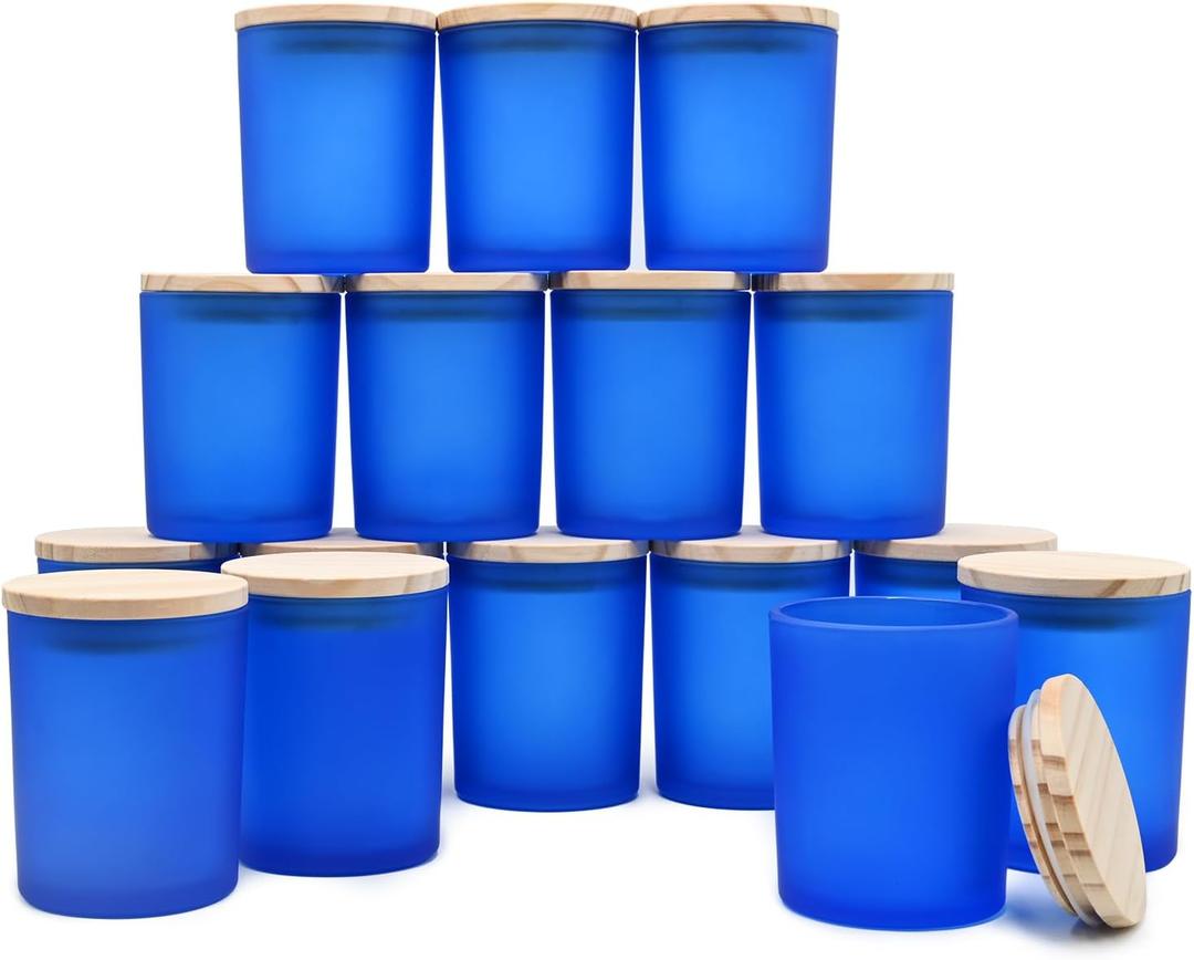 SHOWIN Thick Candle Jars for Making Candles 16 Pcs, 7 OZ Empty Jars with Wood Lids for Candle Making, Sample Container, Frosted Blue
