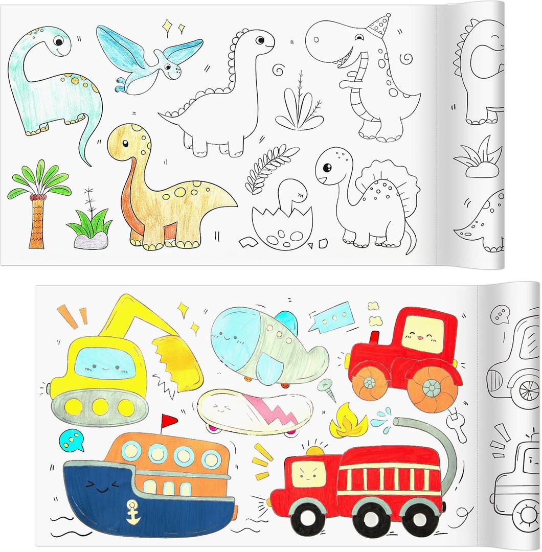 Coloring Paper Roll, 2 Pcs Drawing Roll Paper, Sticky Rolls for Artist, DIY Painting Drawing Coloring Rolls fo Young Artists Gifts, 11.8" x 118"(Dinosaurs & Transportation)