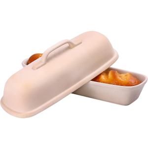 Goodview Household Superstone Covered Baker,Unglazed stoneware bakeware,Square Bread Porcelain Baking Pan,Bakes Italian Bread with Light Crumb and Crusty Crust (15.3 * 5.9 * 7 in) (Bisque)