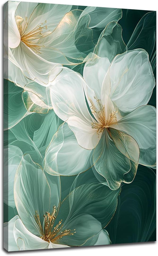Flower Wall Decor Abstract Canvas Wall Art Poster Pictures For Living Room Green and Gold Painting Floral Framed Artwork for Walls Bedroom Bathroom Kitchen Picture Ready to Hang [12''Wx 18''H]