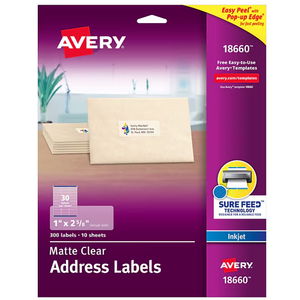 AVERY Clear Address Labels 1 x 2-5/8 inch | Matte Finish | Sure Feed Technology | For Inkjet Printers | 300 Labels,