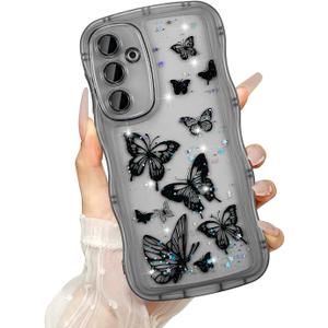 UEEBAI Wave Butterfly Case for Samsung Galaxy S23 Plus Case, Pretty Bling Star Butterfly for Women Cute Shiny Glitter Phone Cover for Girls Bling Clear Cover Curly Shockproof Girly Shell - Black