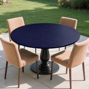 Round Fitted Tablecloth with Elastic Edge, Flannel Backed Vinyl Tablecloths, Wipeable Waterproof Plastic Table Cloth Fits 27" - 32" Round Table for Dining, Camping, Indoor and Outdoor, Dark Blue