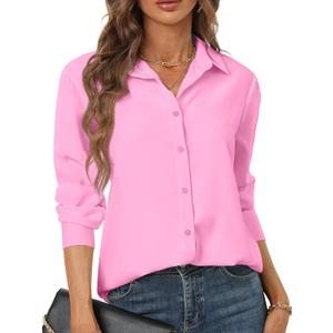 Hearain Women's Button Down Shirts Long Sleeve Basic Classic Soft Shirt Collared Fashion Dressy Casual Blouses (Pink, L)