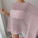 Women's See Through Knit Poncho Shawl 3/4 Sleeve Split Asymmetrical Shrug Sweater Cover Up (L)