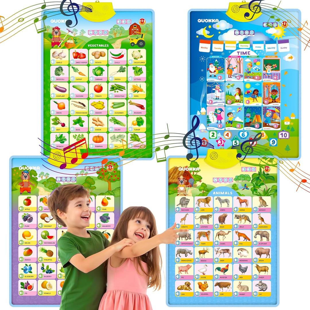 QUOKKA Educational Toys for Kids 5-7 Year Old - Set of 4 Vertical 4 Learning Wall Chart for Toddlers Age 3 4 6+ - Interactive Speech Therapy Poster Boy Girl - Autism Puzzle Game 8-10-12