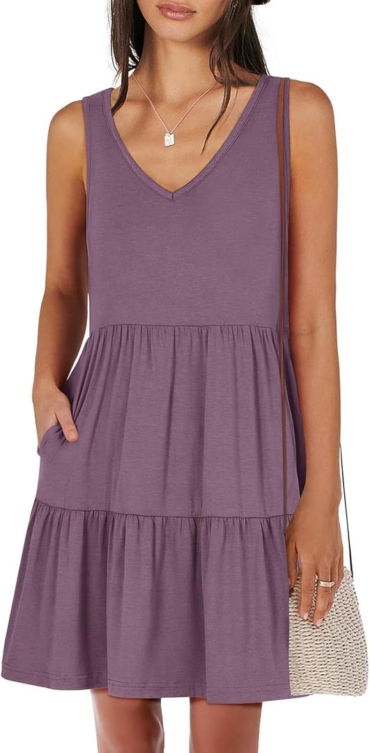 ANRABESS Womens Summer Casual Tank Dress Sleeveless V Neck T Shirt Sundress Flowy Tiered Swing Mini Beach Vacation Dresses (Small, Purple)