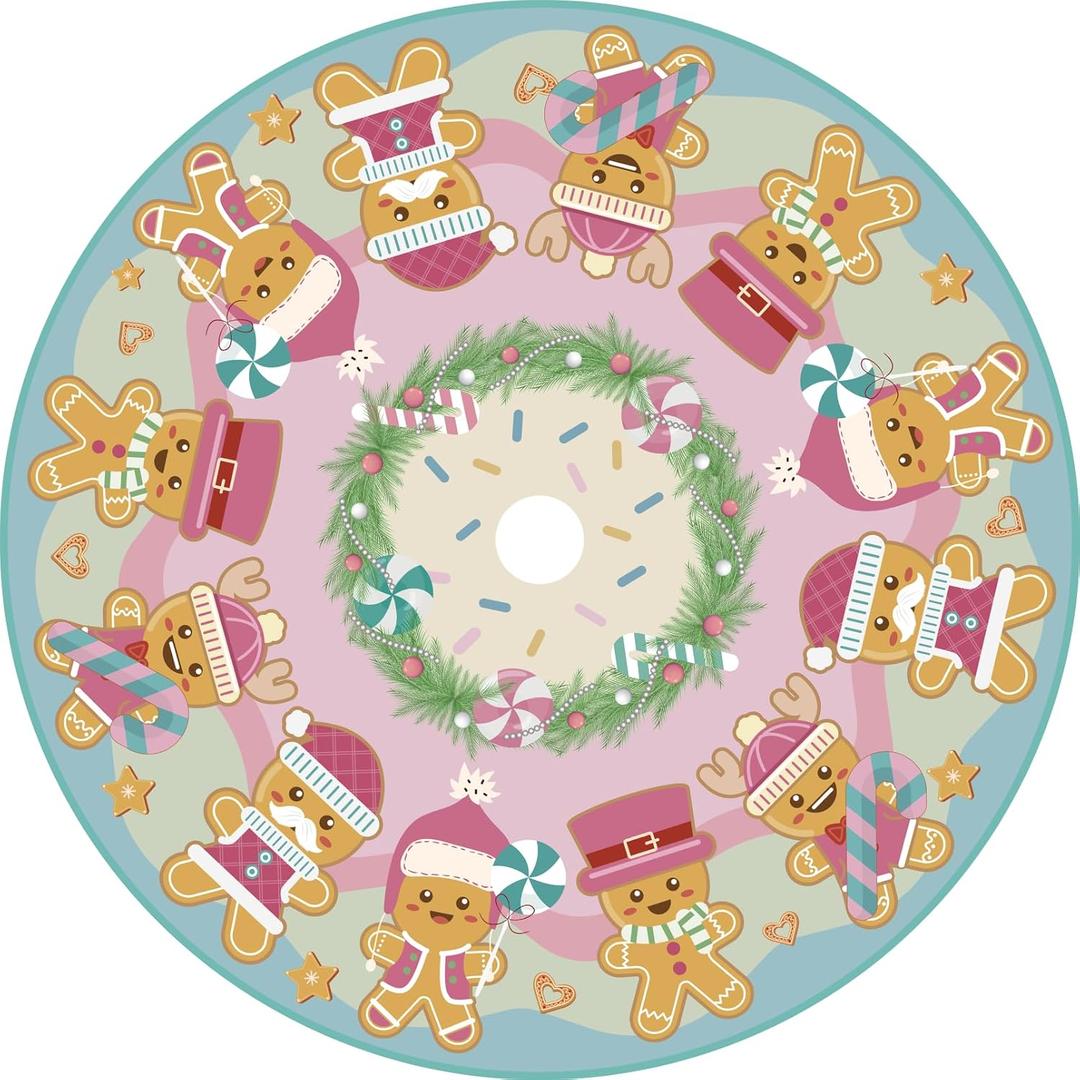 Gingerbread Christmas Tree Skirt, Pink Gingerbread Tree Skirt, Candyland Christmas Decorations for Funny Holiday Party Indoor Decoration Home Decor