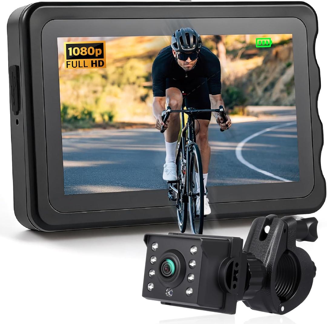 Fitense Bike Camera with 5000mAh Rechargeable Battery 360 Rotation 4.3'' HD 1080P Display - Color & B&W Night Vision 130 Precise Wide-Angle View Handlebar Bike Mirror for Mountain, Road Bike