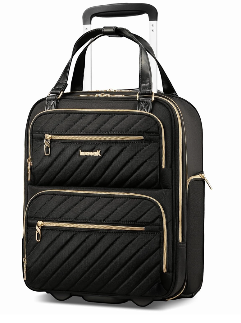 LUGGEX Underseat Carry On Luggage with Wheels, Stylish Lightweight Under Seat Luggage, Soft Sided Personal Item Suitcase for Short Trip (Black, 16 Inch)