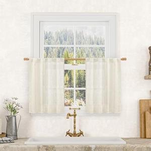 LAMIT Short Kitchen Linen Curtains 24 Inch Length for Small Windows, Cream Ivory Semi Sheer Light Filtering Panels Back Tab and Rod Pocket Cafe Drapes for Half Window, 2 Panels, 25 x 24 Inch