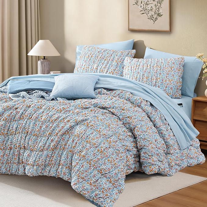 BLOOMHAVEN King Comforter Set  7 Pieces Blue Classic Puff Floral Bedding Sets for All Seasons, Shabby Chic Farmhouse Bed in a Bag King with Wildflowers Fluffy Comforter, Sheets, Pillowcases & Shams