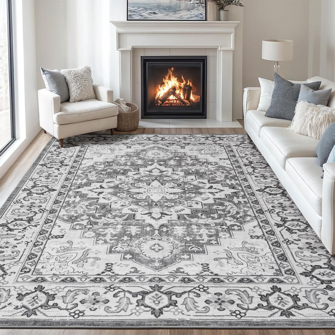 Lofus 9x12 Area Rugs for Living Room, Washable Area Rug, Rugs for Bedroom, Kitchen Rug, Vintage Boho Carpet, Soft Non-Slip, Low Pile Large Area Rug for Office Dining Room, Floral Grey