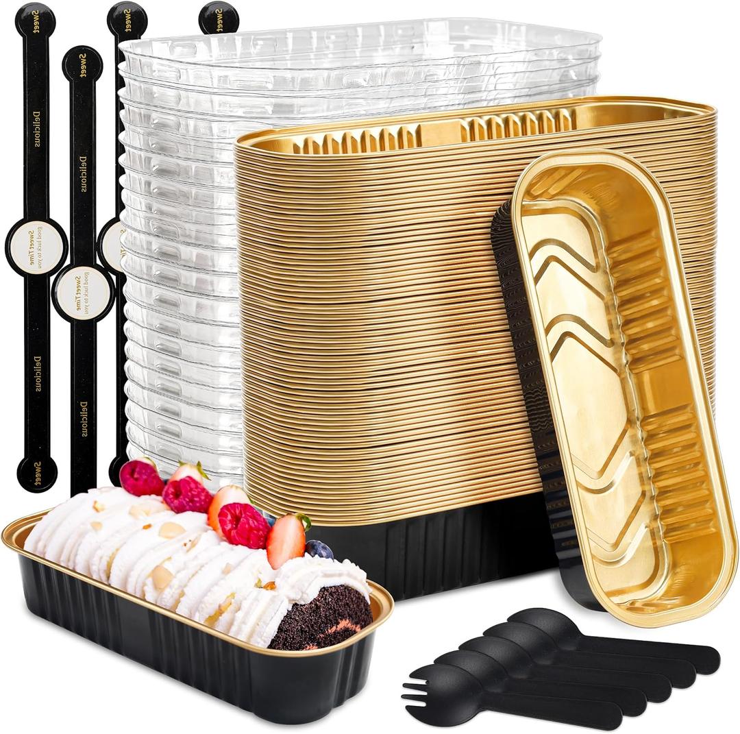 Mini Loaf Pans with Lids Rectangle Aluminum Foil Baking Pans Tins Containers for Wedding Birthday Party 6.8oz(Black Gold, 60Pack)