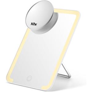 OMIRO Lighted Makeup Mirror with 10X Magnifying Mirror, 8 x 5 inches Desk Mirror with Adjustable Stand and 3 Lighting Modes for Shaving and Travelling, White