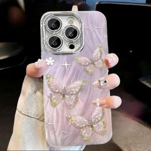 for iPhone 14 Pro Max Butterfly Design Case, Cute Bling Shiny Glitter Camera Shockproof Protective Phone Cases Cover for Women Girls Pink