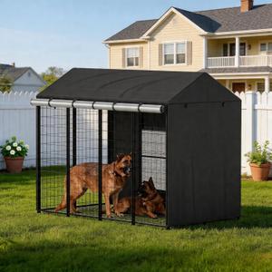 Covered Dog Kennel Outdoor, 4.2'Dx4.3'Wx4.5'H Cages Black Full Coverage with Transparent PVC Window for Metal Dog Kennel, 600D Heavy Duty Waterproof Dog Kennel Covers (Cover Only)