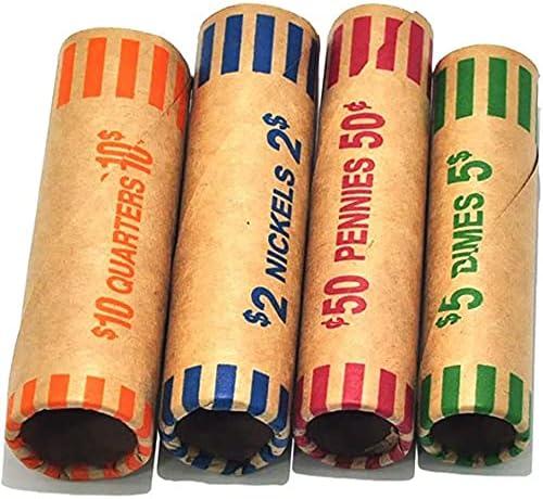 L LIKED Preformed Coin Wrappers Rolls (128 Assorted) - Quarters, Pennies, Nickels and Dimes