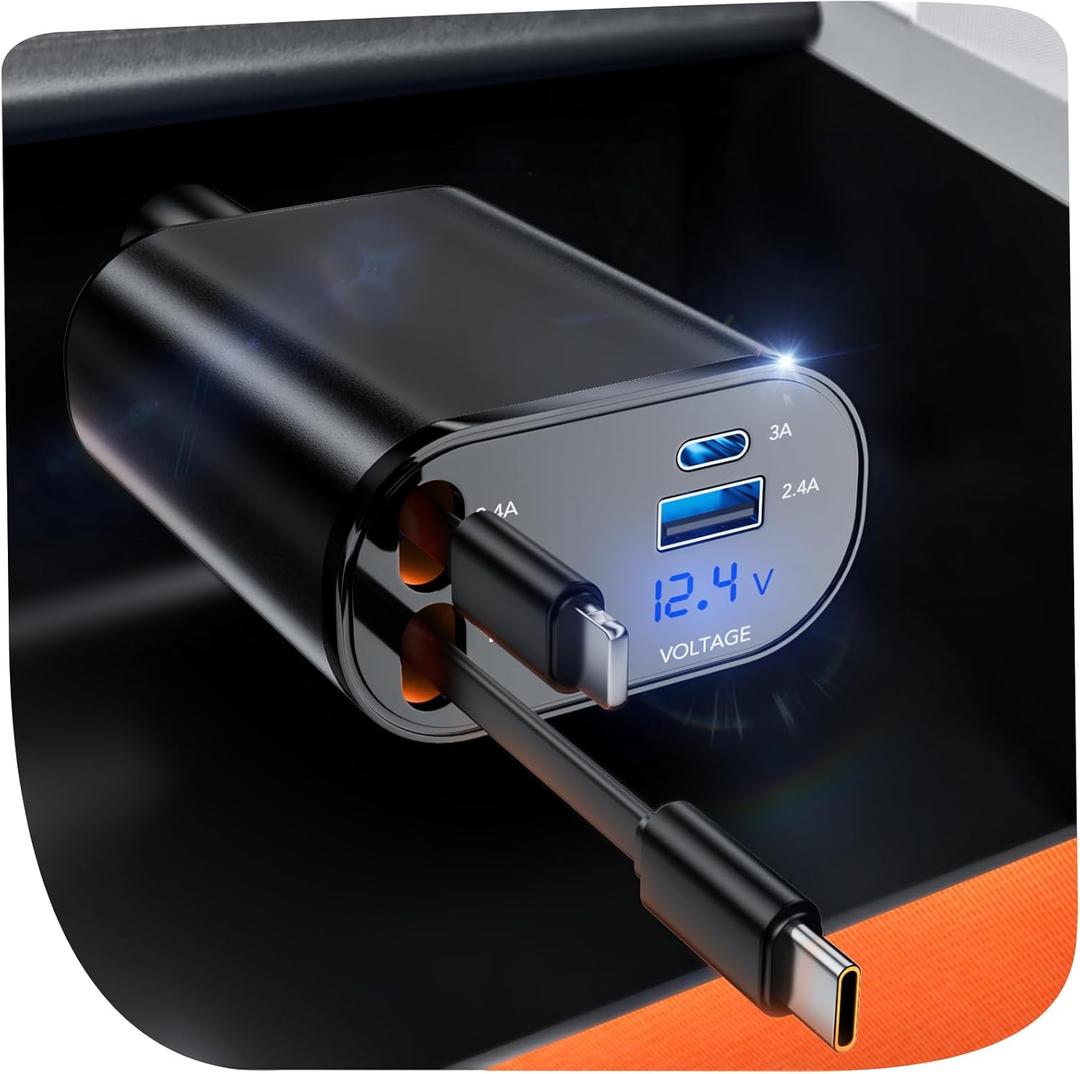 Retractable Car Charger Compatible with Galaxy Pixel, 4 in 1 Fast Charging Car Charger 60W, Retractable Cable and 2 USB Ports Car Charger Adapter