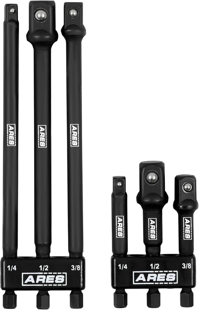 ARES 22025  6-Piece 3-Inch and 6-Inch Impact Grade Socket Adapter Set - Turns Impact Drill Driver into High Speed Socket Driver - 1/4-Inch, 3/8-Inch, and 1/2-Inch Drive with Storage Holder