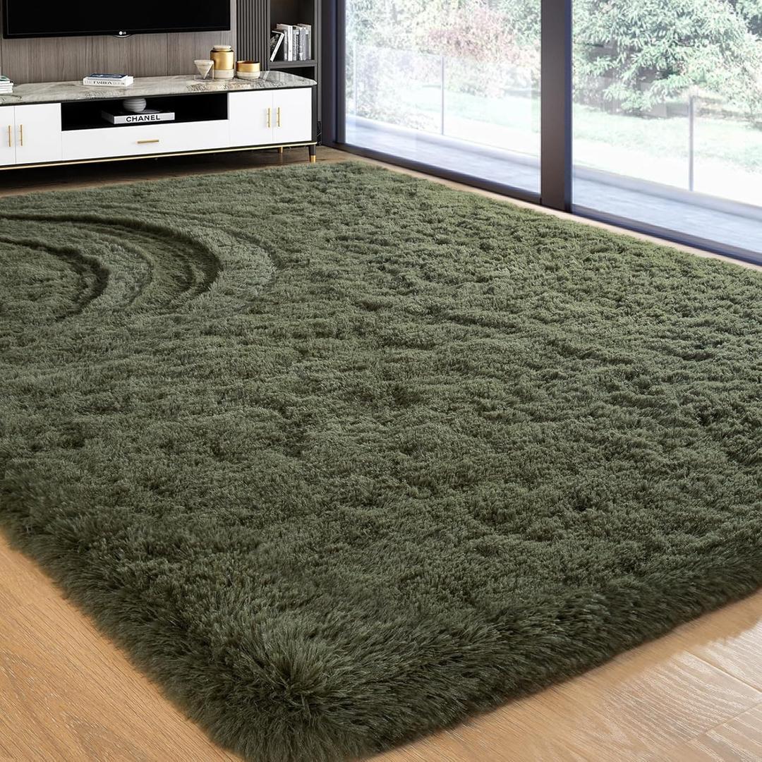 Softlife Ultra Soft Fluffy Area Rugs for Bedroom, Girls and Boys Room Kids Room Nursery Rug, 6 x 9 Feet Shaggy Large Fur Indoor Plush Modern Floor Carpet for Living Room Christmas Decor, Olive Green