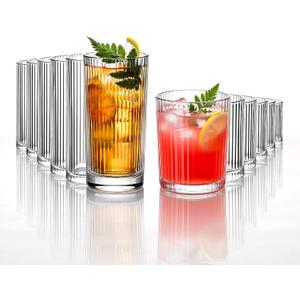 12PCS Ribbed Drinking Glasses - 6 Highball Glasses 8oz， 6 Rocks Glass Cups 11oz， Ribbed Cocktail Glasses, Ideal for Wine, Whiskey, Ice Coffee Cup, Water, Juics, Beer, Mixed Drinkware