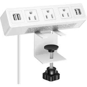 3 AC Outlet Desk Clamp Power Strip White, Desk Mount USB Charging Power Station, Removable Desktop Edge Power Center Plugs Output 125V/60HZ/12A/1500W, USB 5V/4A 6.56FT Cable