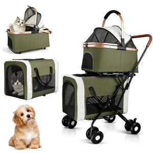 Double Pet Stroller for Dogs and Cats: Dog Stroller Foldable Travel Carriage with Detachable Carriers, Safety Belts, and 4 Lockable Wheels for Small to Medium Pets Ideal for Multi-Pet Homes (Green)