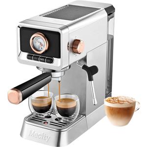 Mecity - 20 Bar Espresso Machine With Milk Frother, Brushed Stainless Steel Case, 37 Fluid Ounce Water Tank, Espresso Maker, Latte, Mocha