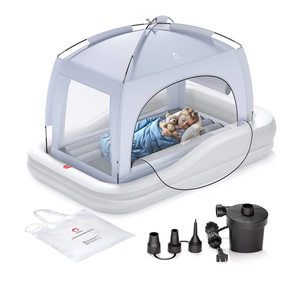 QPAU Inflatable Toddler Travel Bed with Tent, Baby Crib Tent, Portable Kids Air Mattress with Safety Bumpers, Ideal for Home, Grandma's, Camping, Traveling -Includes Fast Electric Pump