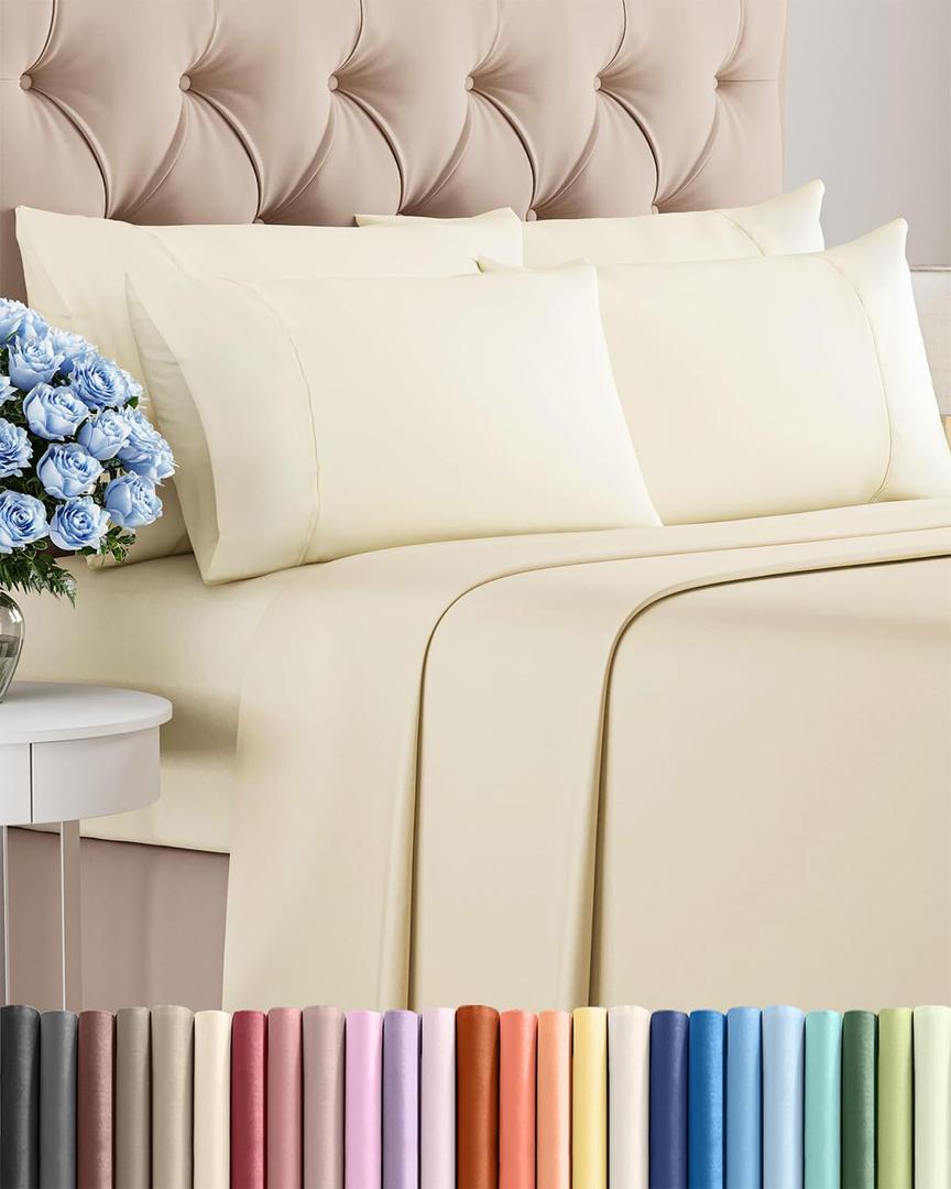 Queen 6 Piece Sheet Set - Comfy Breathable & Cooling - Ultra-Soft Hotel Luxury Bedding Set with 8-16 Inch Deep Pockets - 1 Flat & 1 Fitted Sheet & 4 Pillowcases - Wrinkle Free & Easy Care - Off White