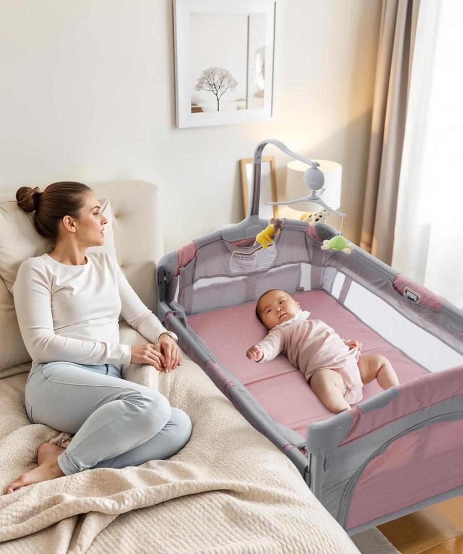 Soobaby 5 in 1 Baby Crib,Bedside Sleeper,Bassinet,Pack and Play with Bassinet and Changing Table,Portable Travel Playpen Music Box,Portable Travel Crib for Infant Newborn (Pink Gray)