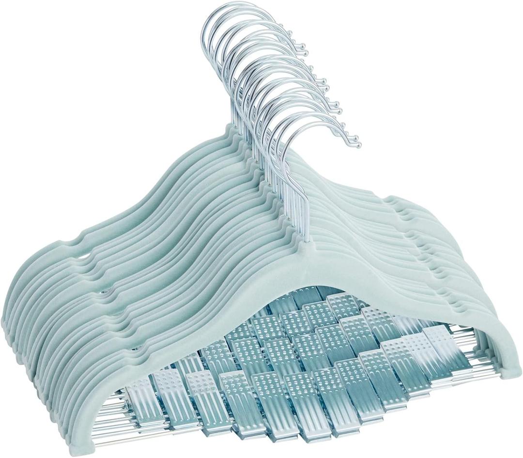 Juvale 24-Pack Light Blue Velvet Hangers - Kid Hangers with Clips - 360 Degree Swivel Hook & Space-Saving Design - 12 x 8 in, Light Blue