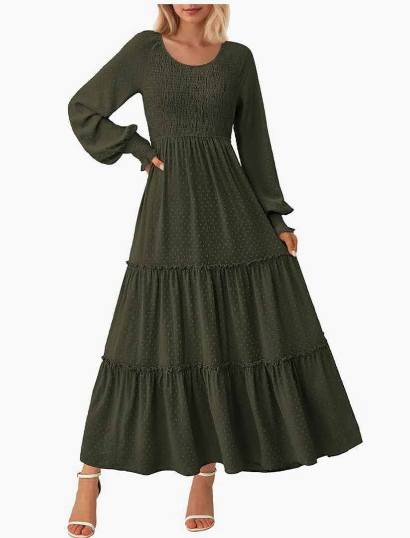 PRETTYGARDEN Women's Smocked Maxi Dress Spring Casual Long Sleeve Swiss Dot Ruffle Long Flowy Going Out Dresses with Pockets, Size Large