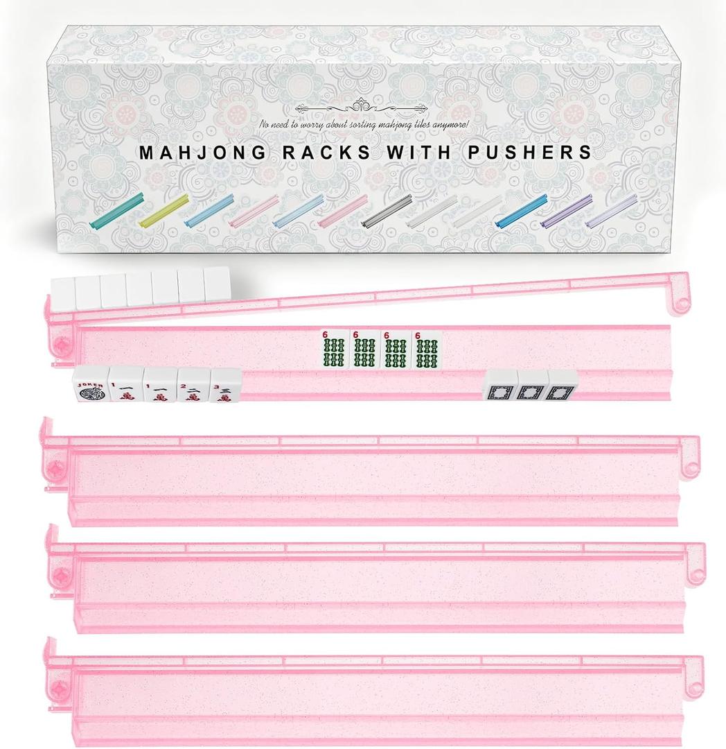 Premium Clear Mahjong Racks with Pushers, 4-Pack Non-Slip Acrylic Racks, Standard