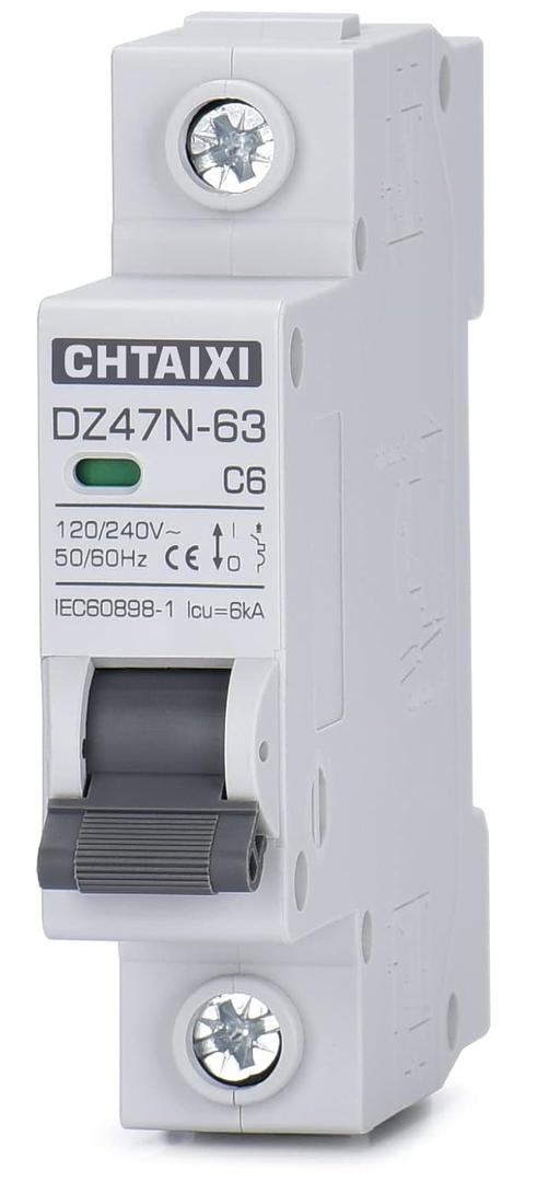 AC Miniature Circuit Breaker, 6 Amp 120V/240V 1 Pole DIN Rail Mount Circuit Breaker, Thermal Magnetic Trip, Solar AC Disconnect Switch MCB C6