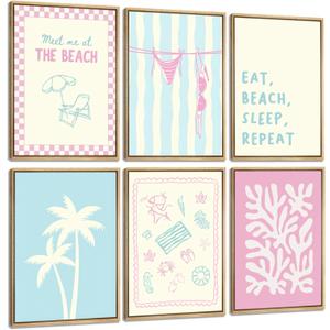 BSXQCHZD 6Pcs Pink Blue Beach Preppy Wall Art Coastal Granddaughter Aesthetic Picture Print Trendy Beach Poster Artwork for Bathroom Bedroom, Tropical Home Decoration 12x16 Inch Unframed