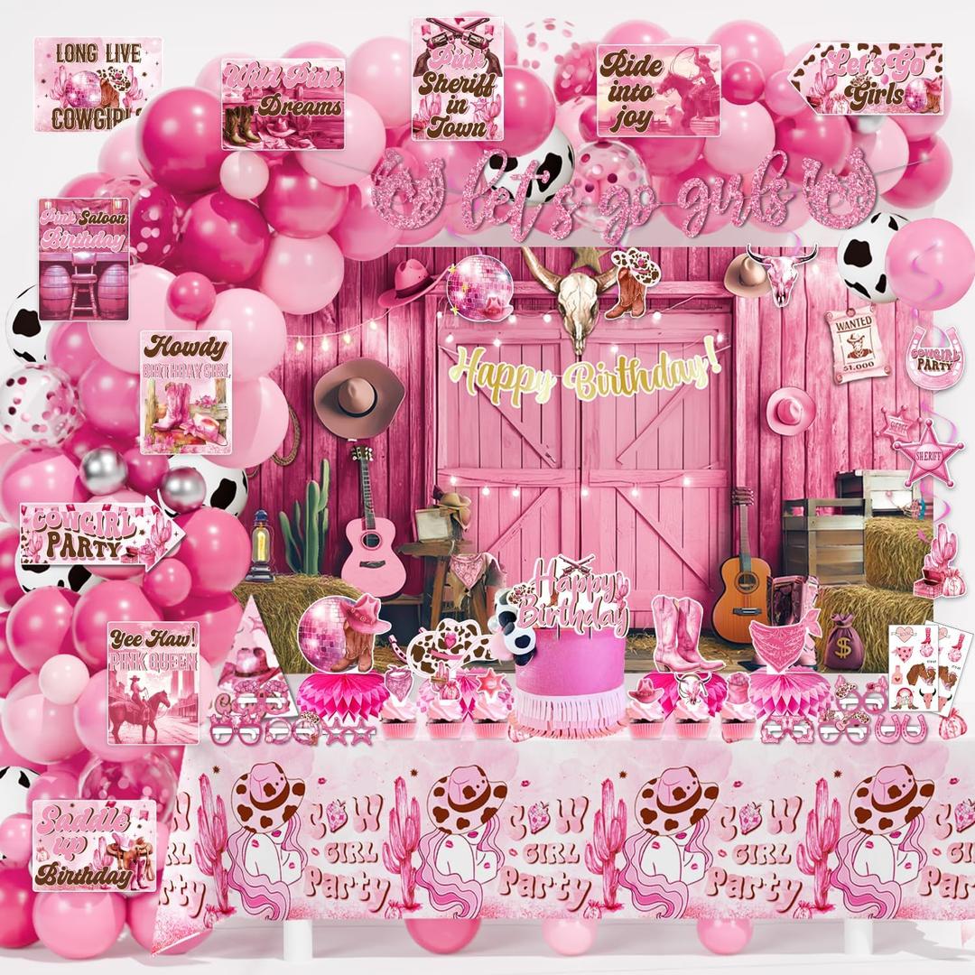 Cowgirl Party Decorations, 144 Pcs Pink Cowgirls Cow Girl Bday Party Decor Supplies for Girls - Backdrop, Banner, Tablecloths, Centerpieces, Paper Glasses, Hat, Stickers, Wall Signs