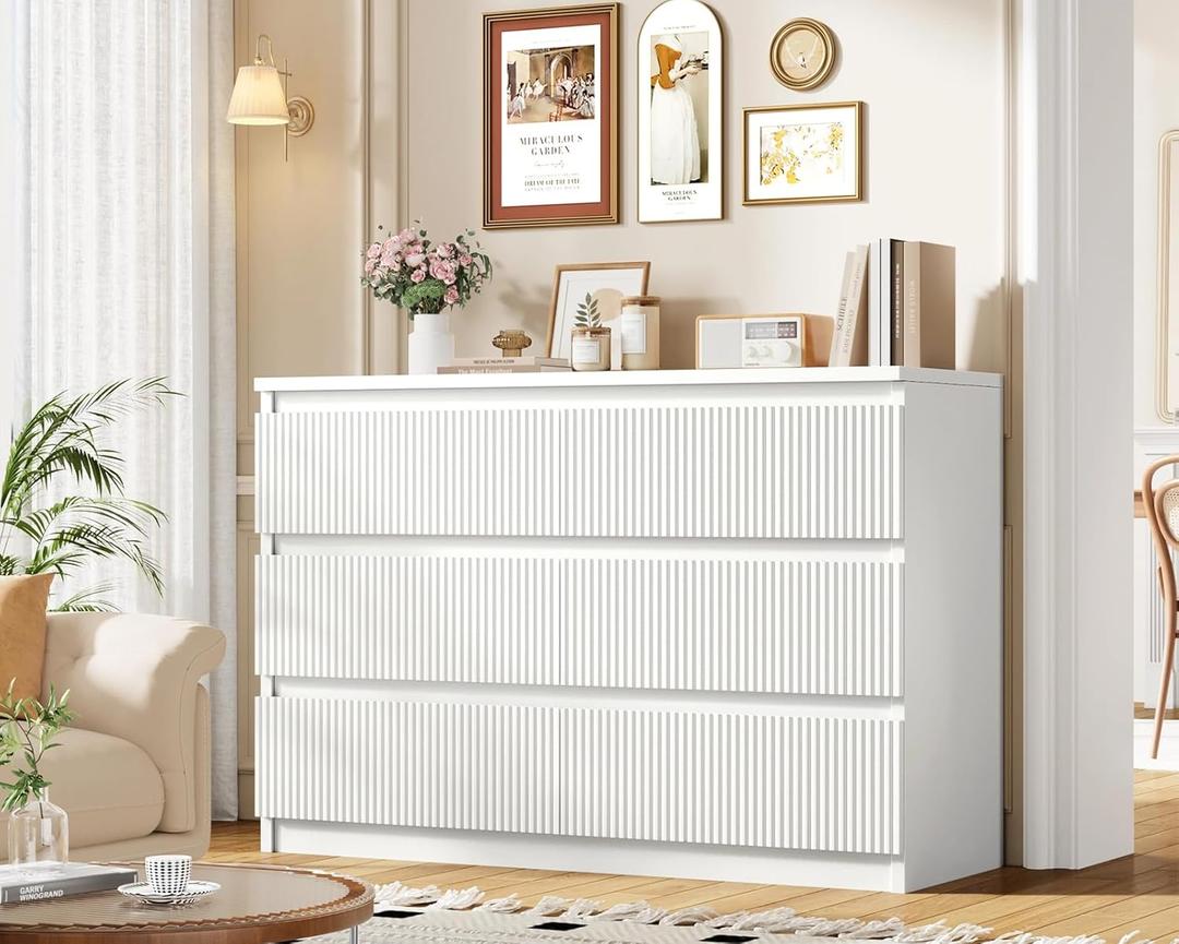 White 6 Drawer Dresser for Bedroom, Modern Fluted Dresser with Deep Drawers, Large Double Wooden Chest of Drawers for Living Room, Hallway, Entryway (White)