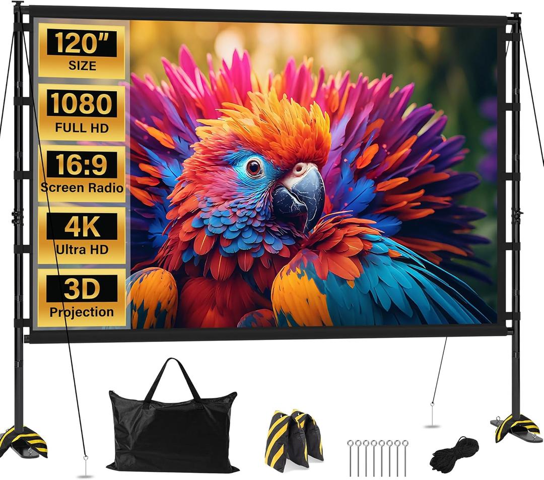 Outdoor Projector Screen with Stand 120 Inch, 16:10 4K HD Portable Projector Screen Indoor, Movie Screen with Carry Bag, Sandbags, Projection Screen for Backyard, Camping, Home Theater