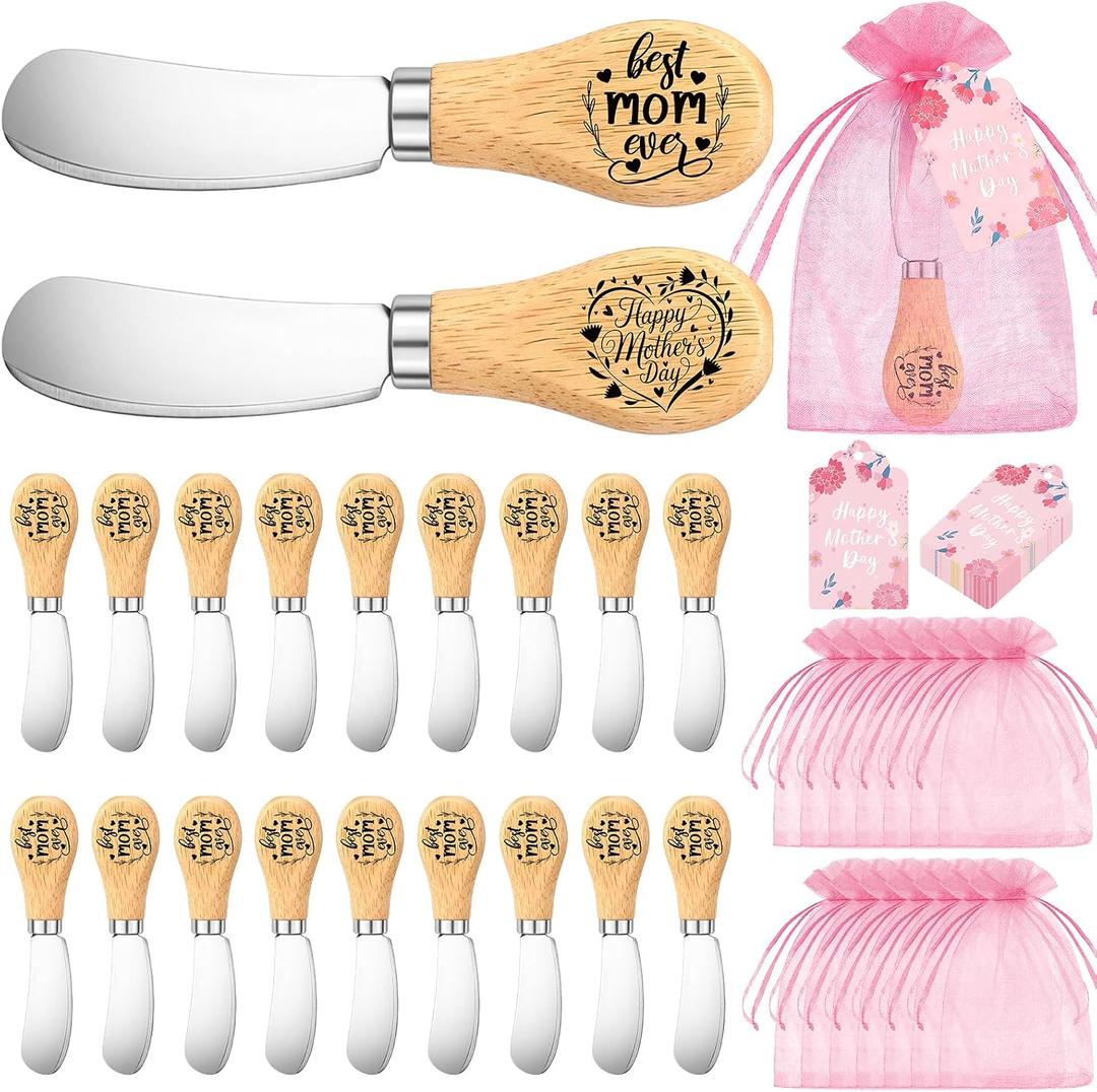 Chumia 20 Sets Mother's Day Party Favors Bulk Gifts for Mother Mom Stainless Steel Butter Knife with Wood Handle with Card Organza Bag Thank You Mom Birthday Xmas Party Supplies Gifts